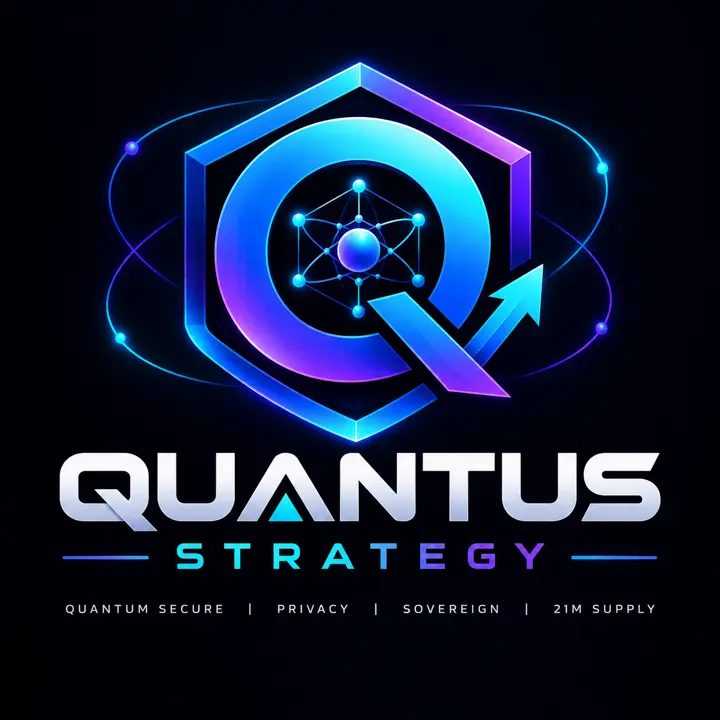 Quantus Strategy logo: a glowing blue and violet Q with an atom core and rising arrow inside a hexagon. Quantum secure, privacy, sovereign, 21M supply